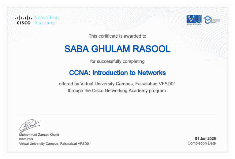 CCNA Completion Certificate for Saba Rasool | PDF