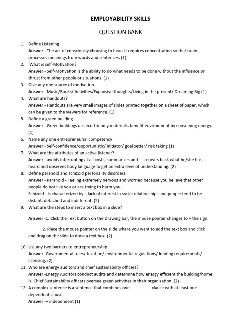 Employbility Skill Q Answers XII | PDF | Entrepreneurship | Attitude ...