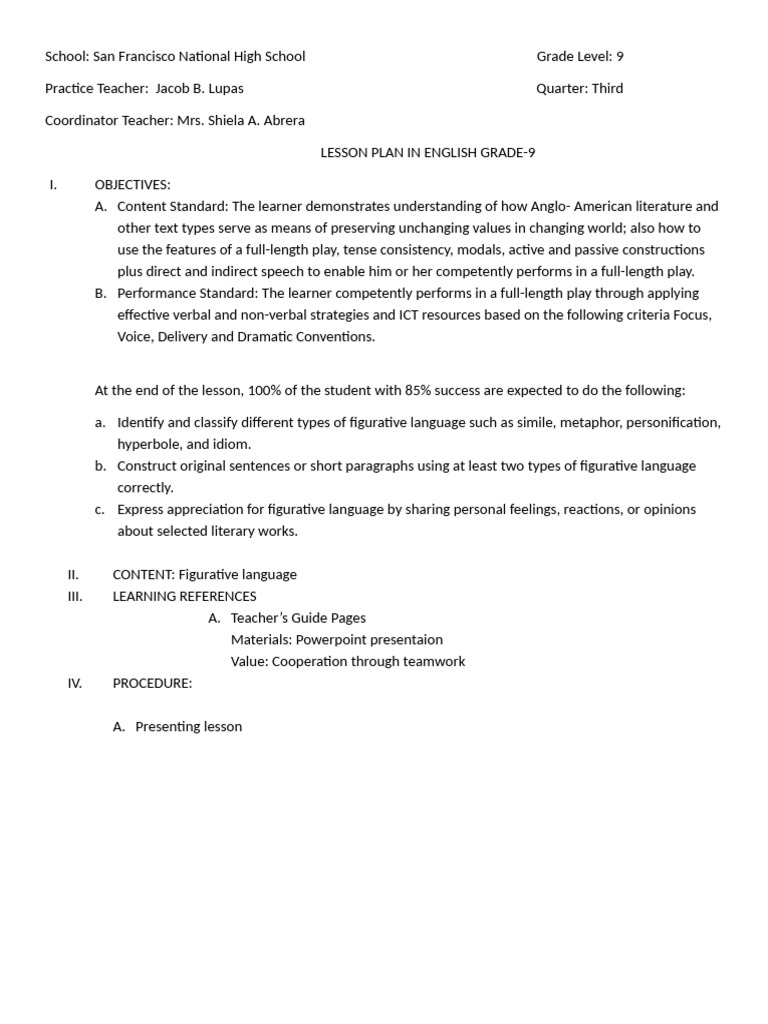 Figurative Language Lesson Plan for Grade 9 | PDF | Metaphor | Idiom