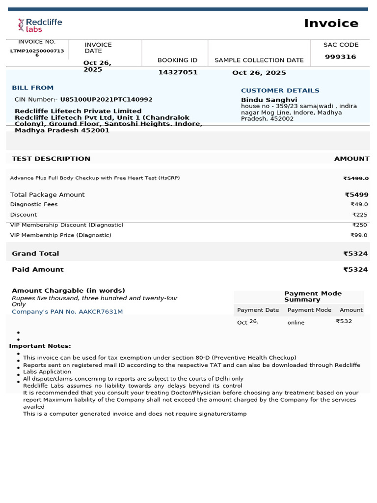 Redcliffe Labs Invoice for Health Checkup | PDF | Invoice | Taxes