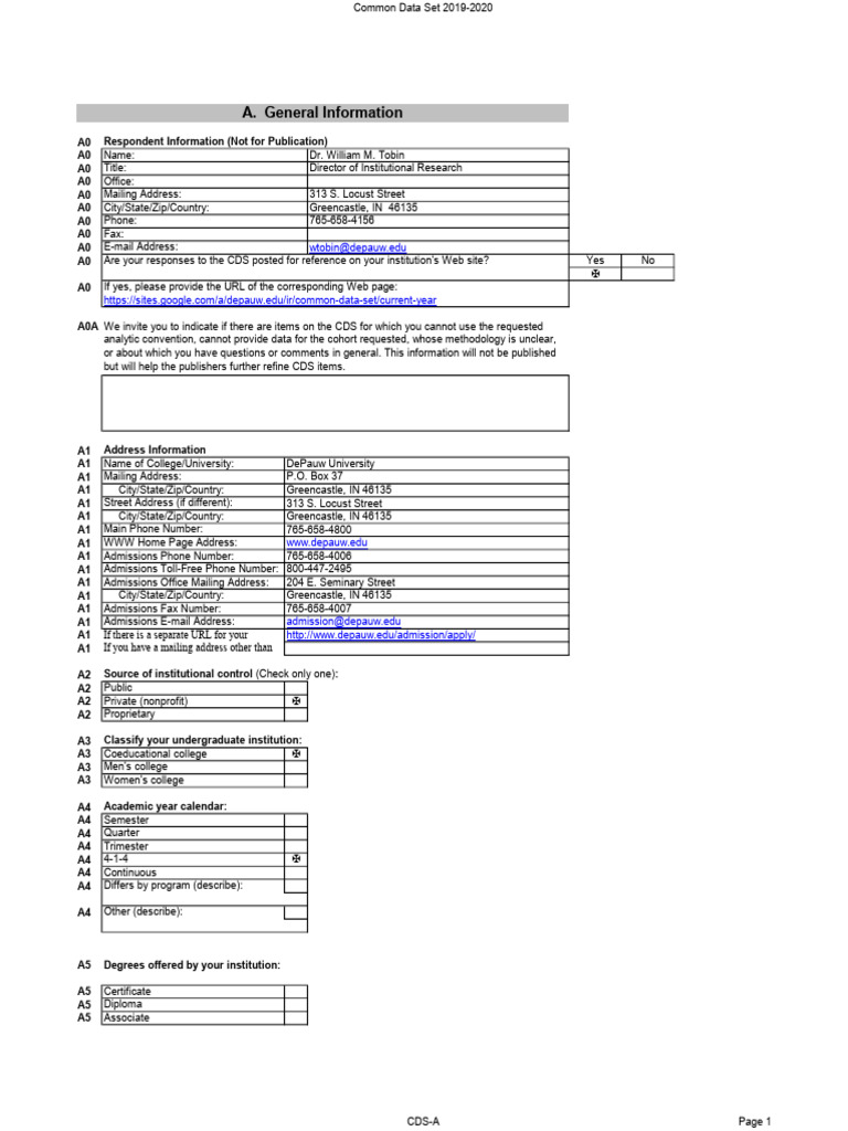 DePauw University Common Data Set 2019-20 | PDF | Sat | University And ...