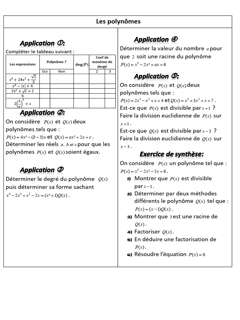 Exercice sur les polynômes et leurs propriétés | PDF | Polynôme ...