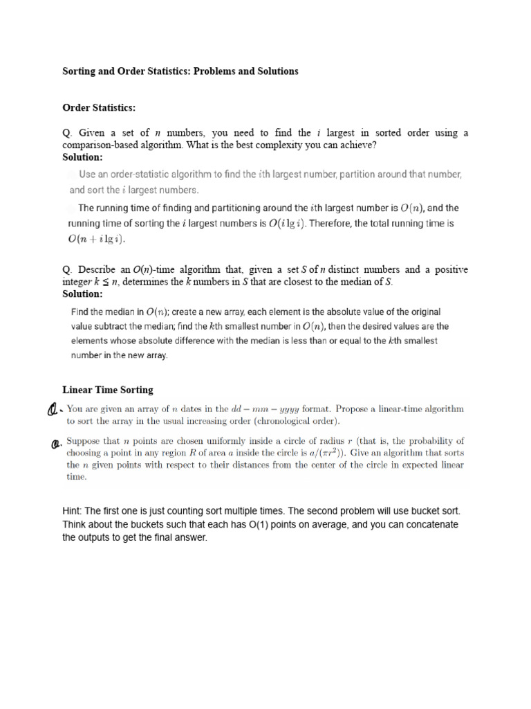 Sorting Algorithms and Order Statistics Solutions | PDF