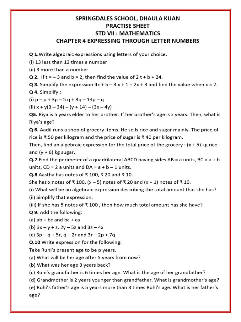 Math Practice Sheet for Class VII | PDF | Length | Mathematics