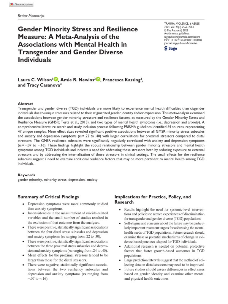 Gender Minority Stress and Mental Health | PDF | Psychological ...