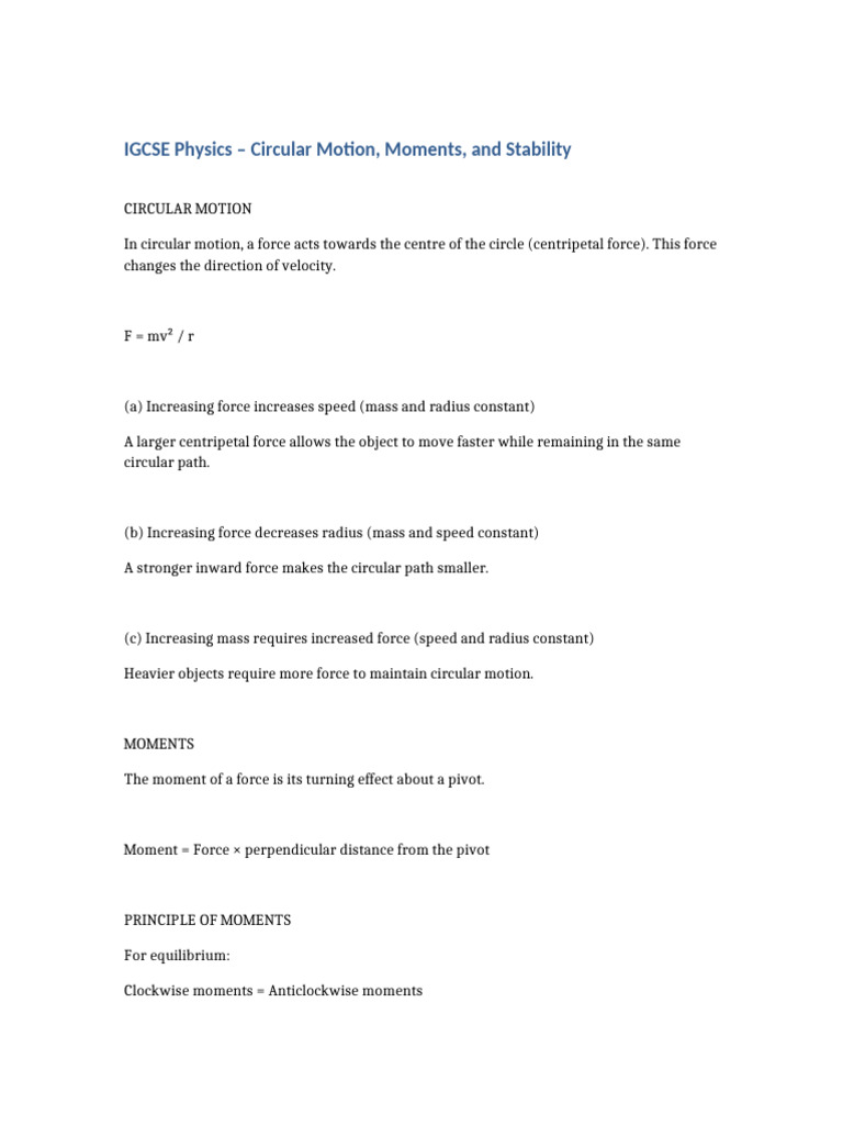 IGCSE Physics Circular Motion and Moments | PDF