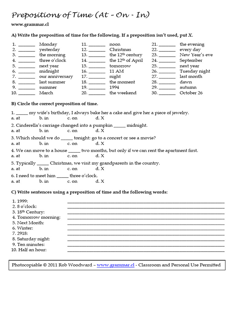 Prepositions of Time Guide: At, On, In | PDF