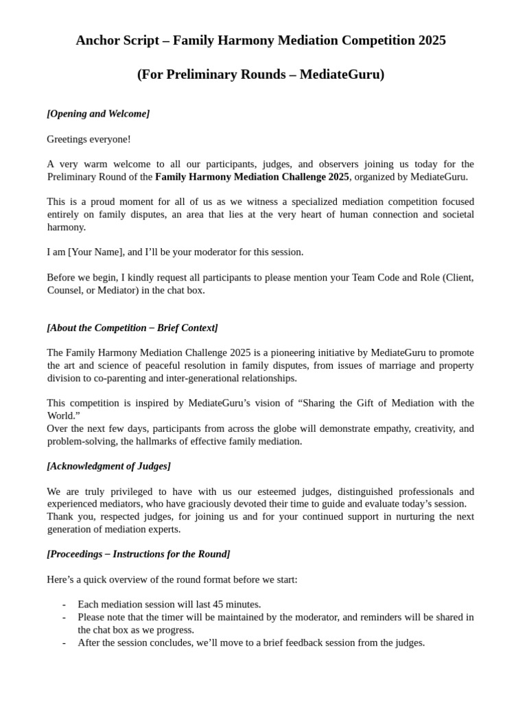 Anchor Script for Prelim Rounds of FHMC | PDF | Mediation | Social ...