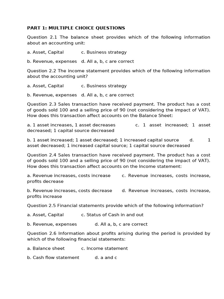 Accounting Multiple Choice Questions | PDF | Balance Sheet | Equity ...