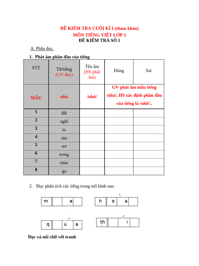 De KT Cuoi Ki 1 Tieng Viet 1 (De 1) | PDF