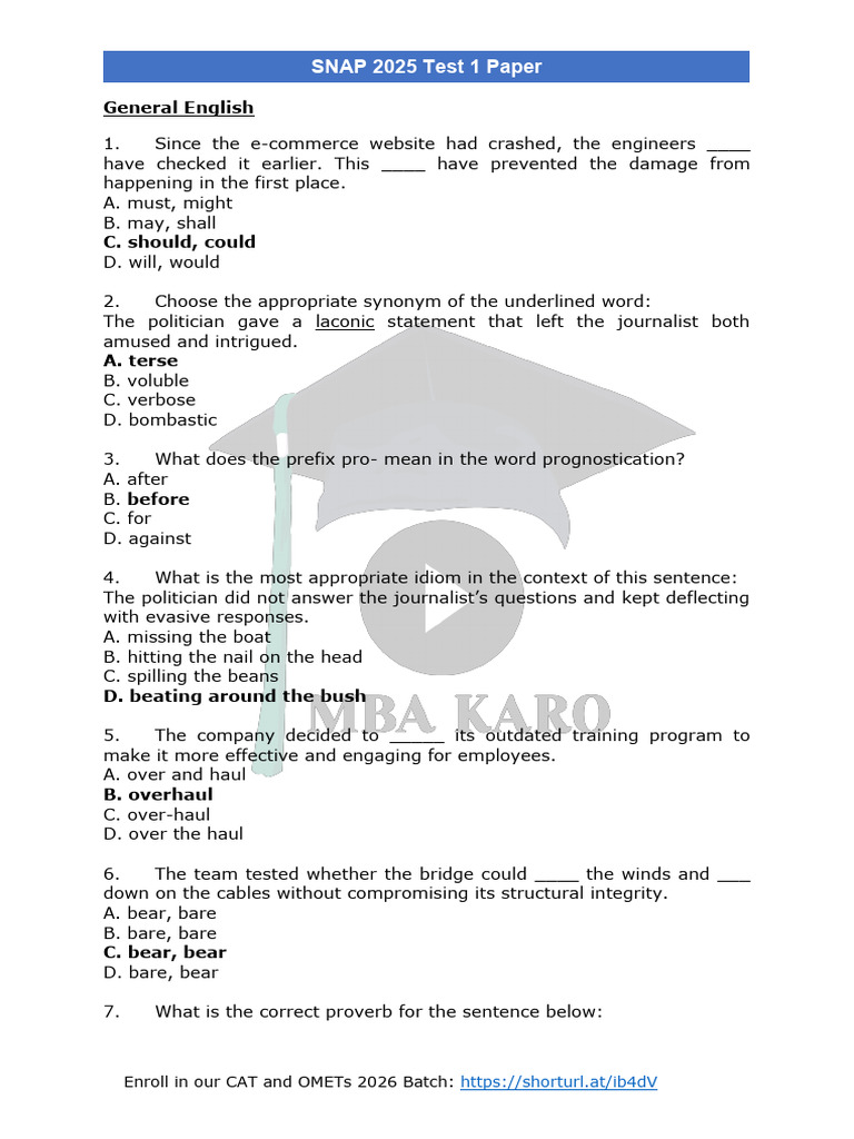 SNAP 2025 Test 1 Paper Questions | PDF