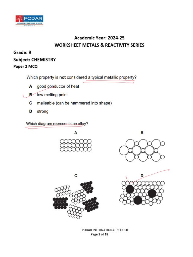 Grade 9 Worksheet Metals & Reactivity Series 5 | PDF | Chemical ...