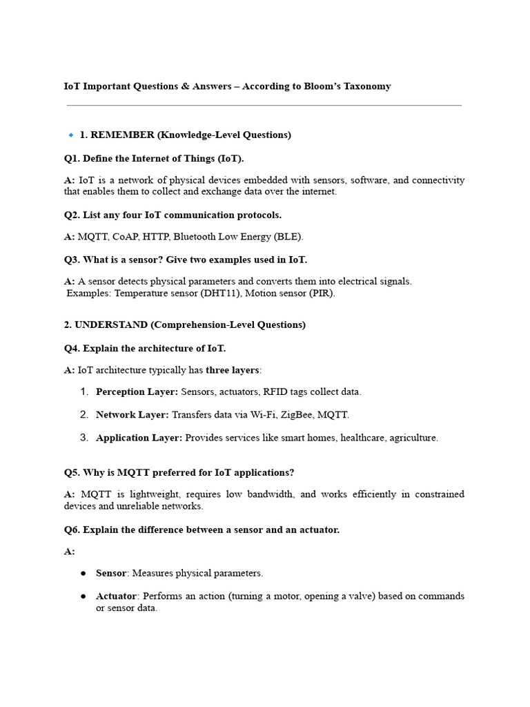 IoT Important Questions & Answers | PDF | Internet Of Things | Wireless ...