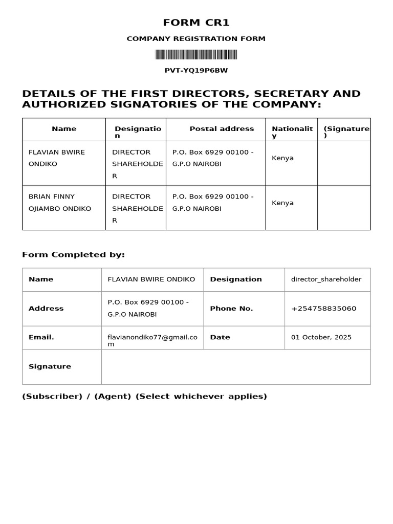 Company Registration Form CR1 Details | PDF