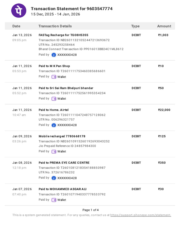 PhonePe Transaction Statement Summary | PDF | Debit Card | Banking