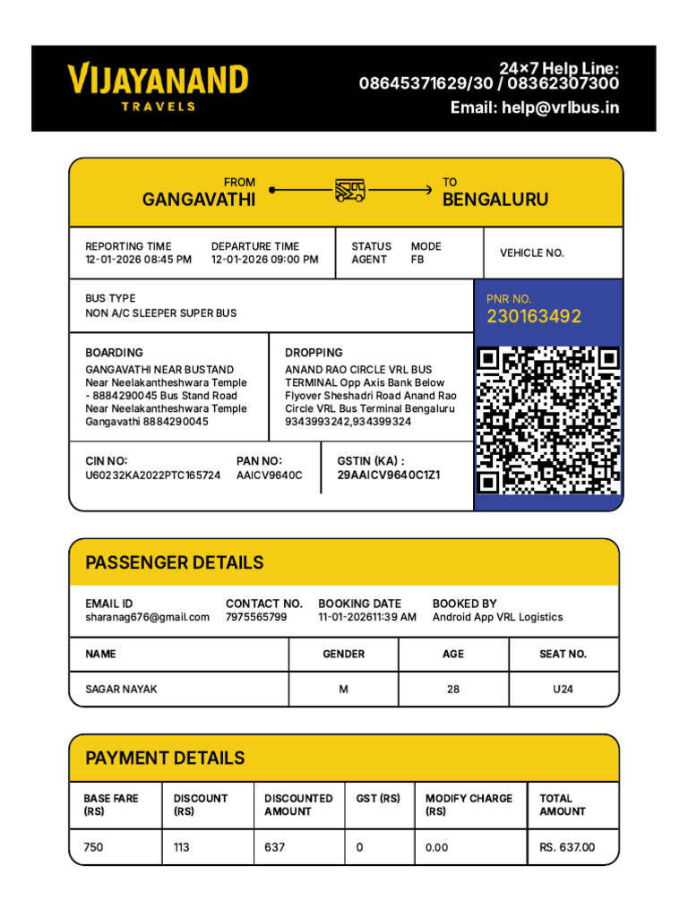 VRL Bus Ticket Confirmation Details | PDF