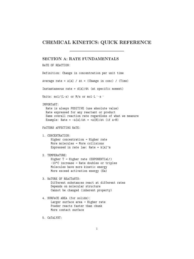 Chemical Kinetics Quick Reference Guide | PDF | Reaction Rate ...