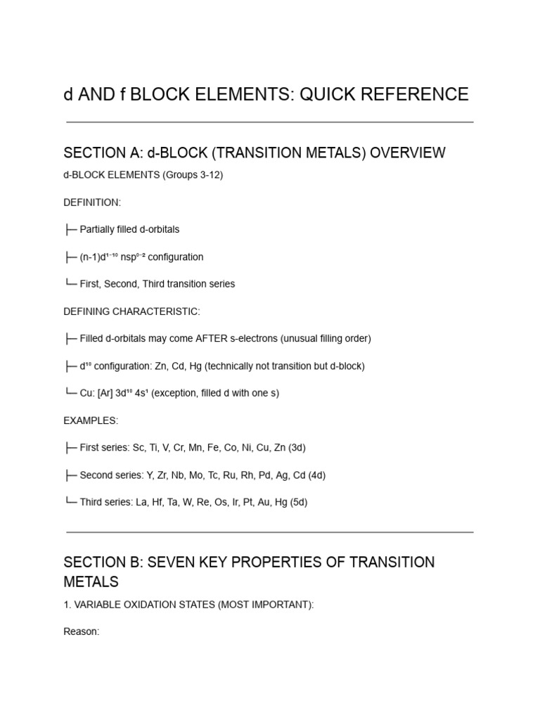 d-Block and f-Block Elements Overview | PDF | Transition Metals ...