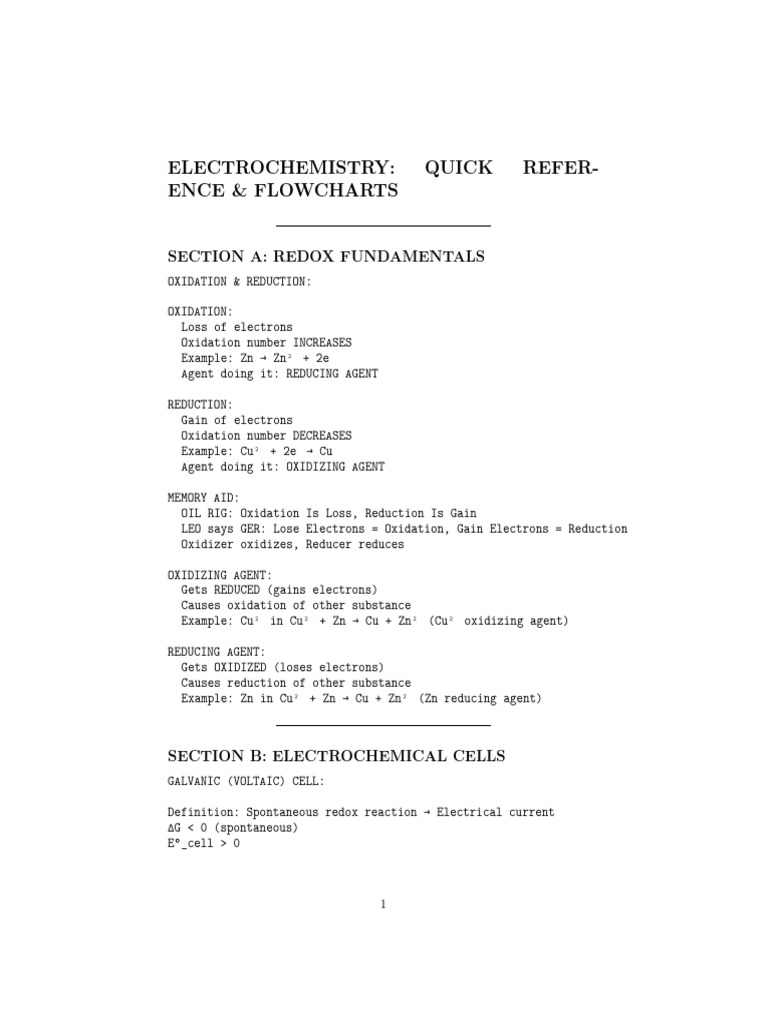 Electrochemistry Quick Reference Guide | PDF | Redox | Electrochemistry