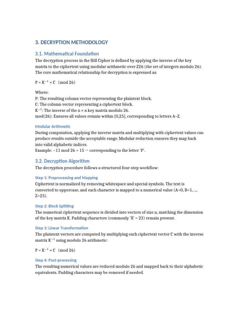 Hill Cipher Decryption Methodology | PDF | Matrix (Mathematics) | Algebra