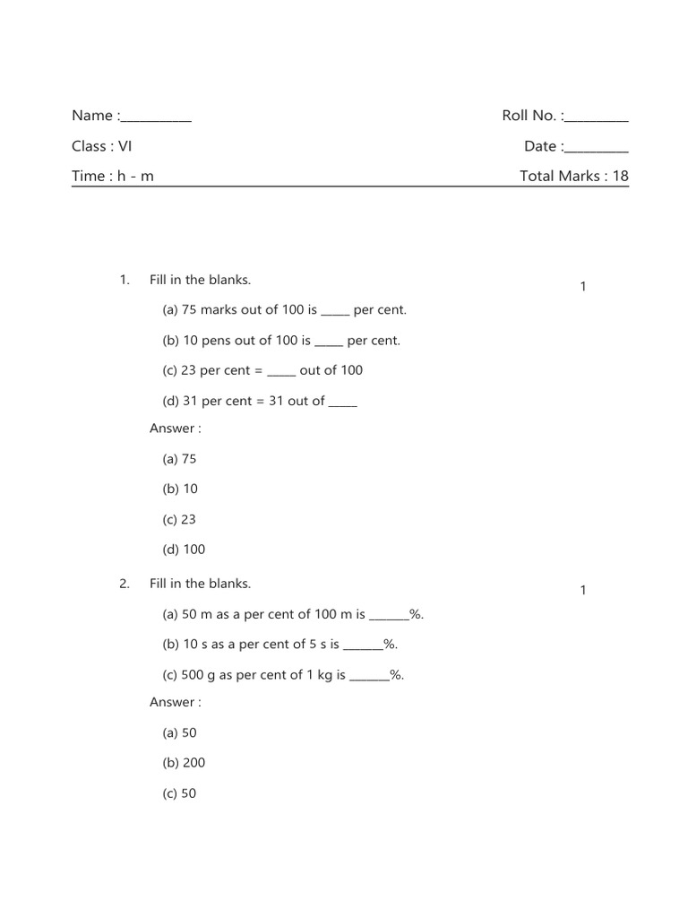 Class VI Math Percentage Worksheet | PDF | Cent (Music)