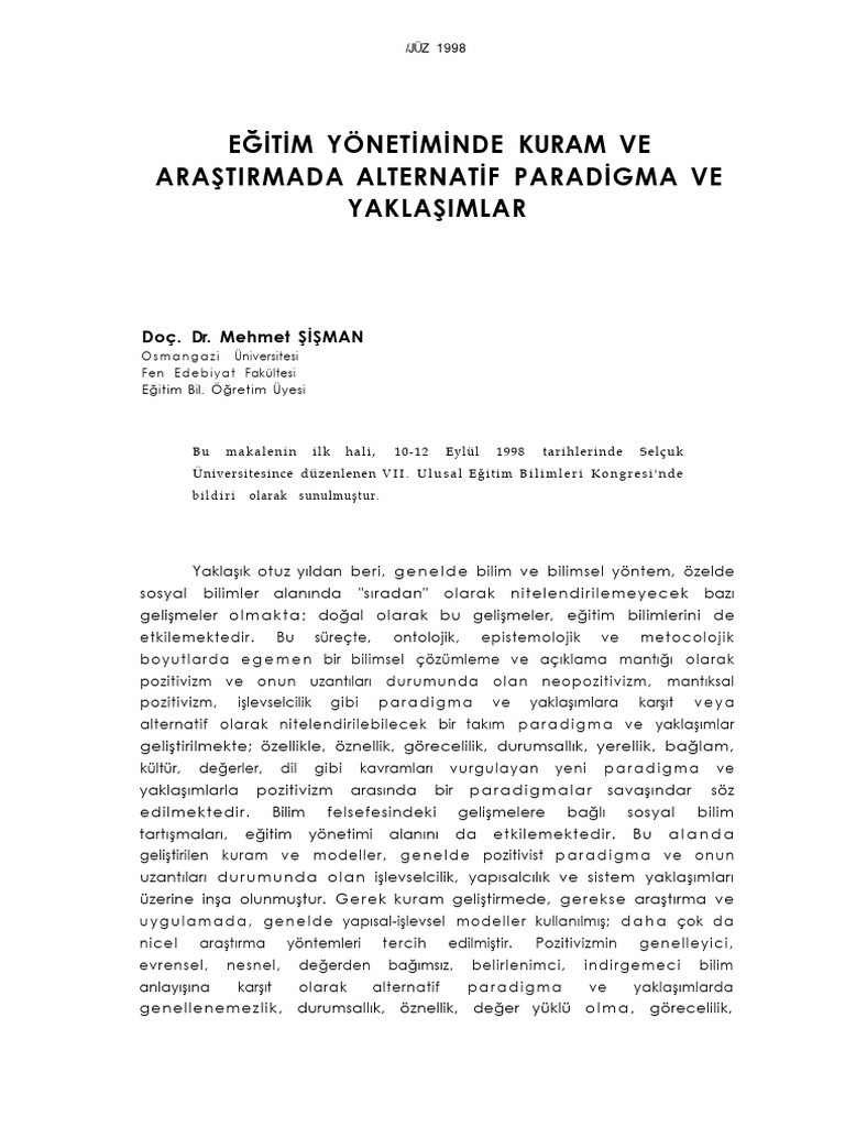 E - Itim Y - Netiminde Kuram Ve Ara - T - Rmada Alternatif Paradigma Ve ...