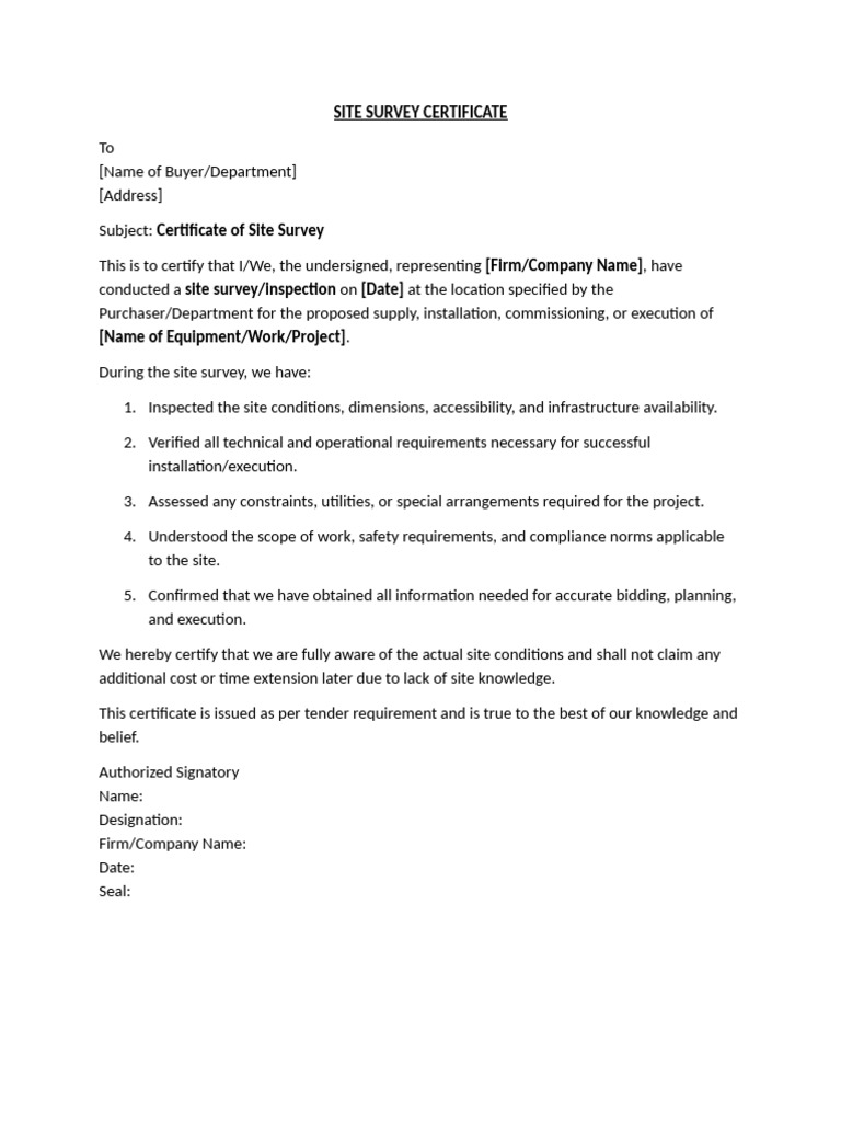 Site Survey Certificate Template | PDF