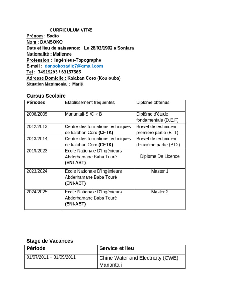 CV de Sadio Dansoko, Ingénieur-Topographe | PDF