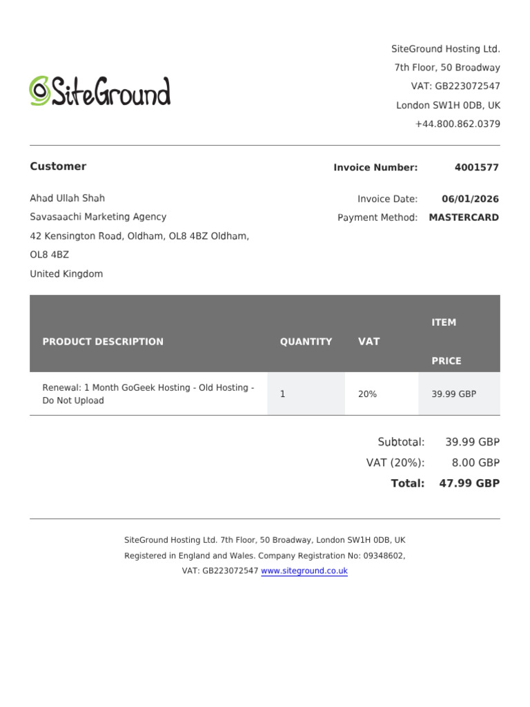 SiteGround Invoice 4001577 | PDF
