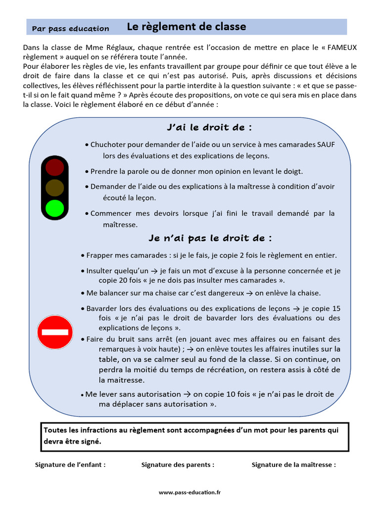 Règlement de classe de Mme Réglaux | PDF