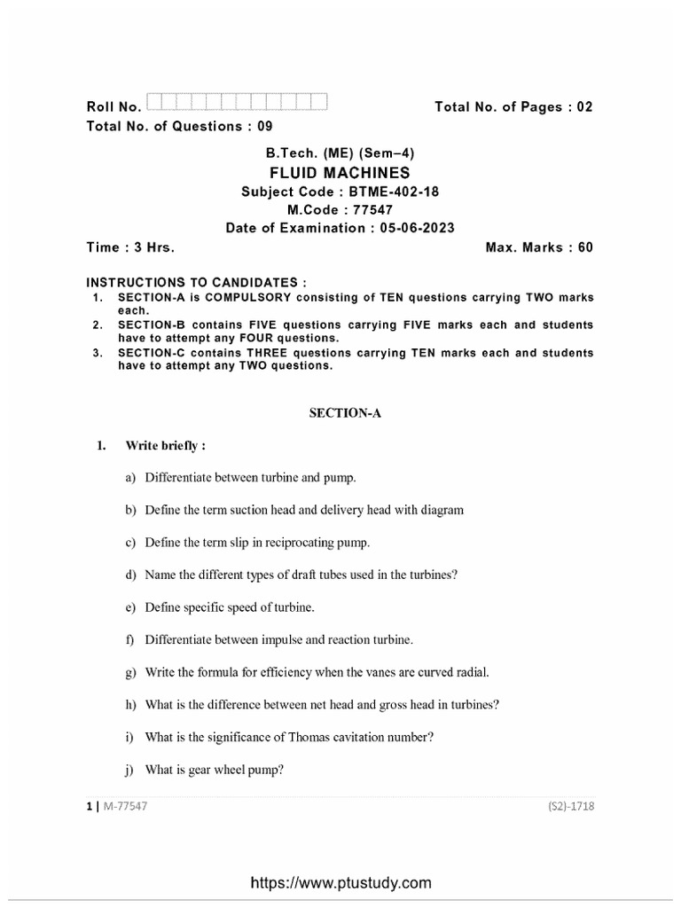 Btech Me 4 Sem Fluid Machines 77547 Jun 2023 | PDF