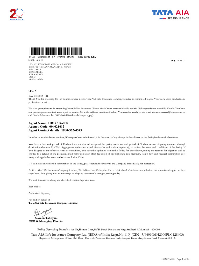Tata AIA Life Insurance Policy Document | PDF | Insurance | Life Insurance