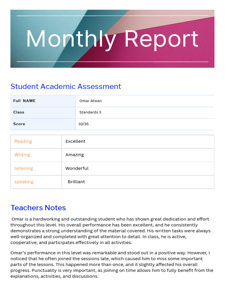 Omar Atwan's Monthly Academic Report | PDF