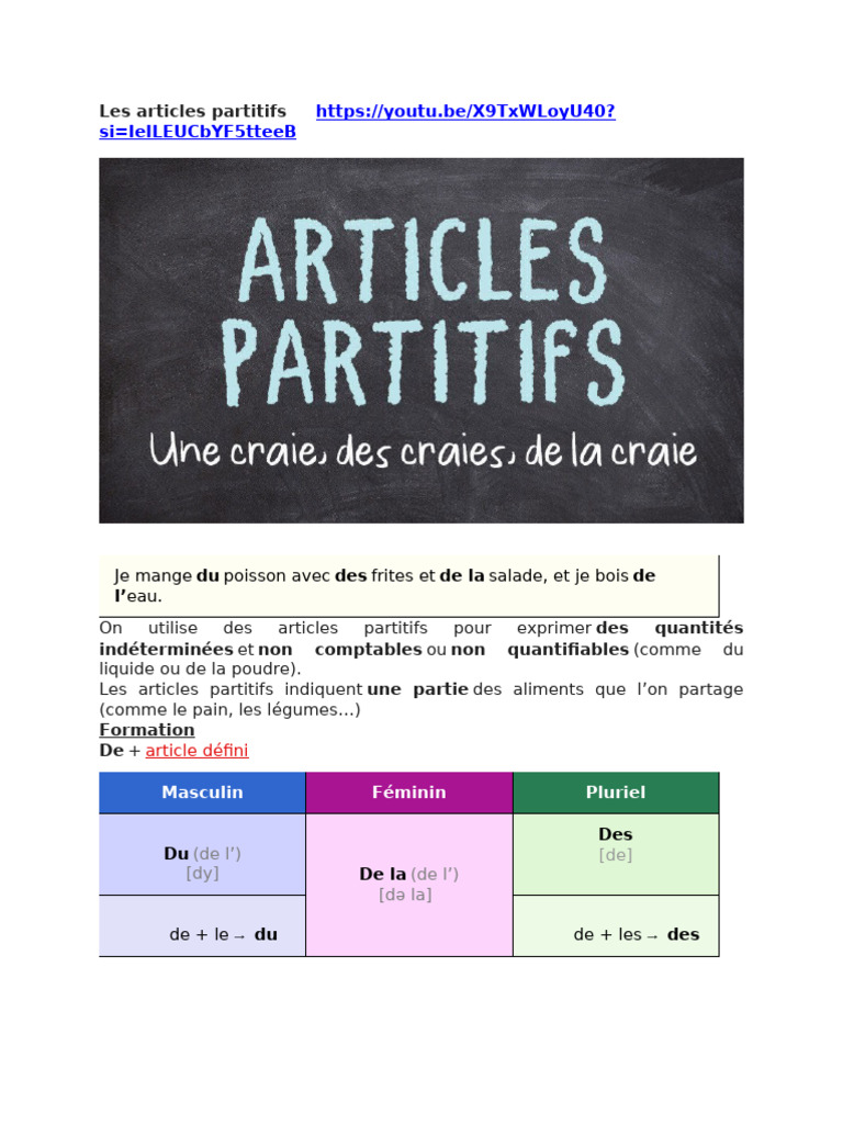 Comprendre les articles partitifs en français | PDF | Cuisine | Nourritures