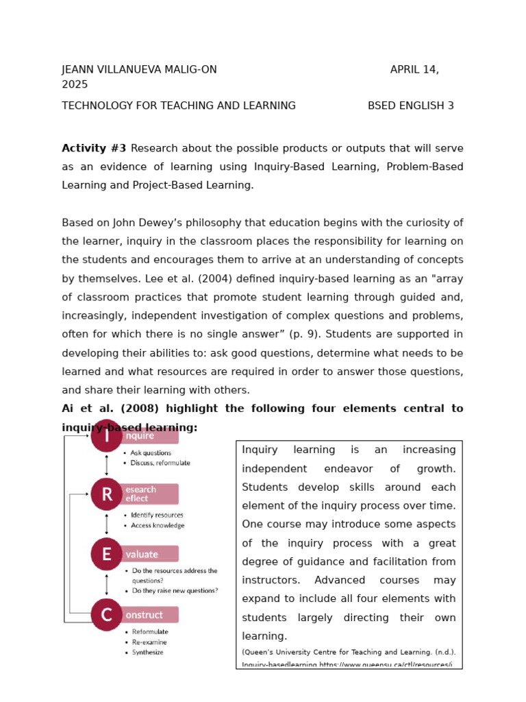 Inquiry-Based Learning Outputs Guide | PDF | Inquiry Based Learning ...