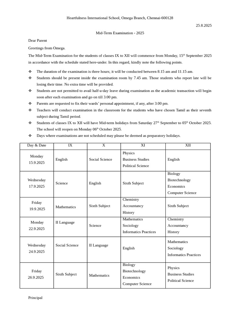 Mid-Term Exam Schedule 2025 - Omega School | PDF | Science