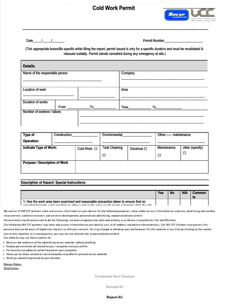 Cold Work Permit Template and Guidelines | PDF | Equipment | Working ...