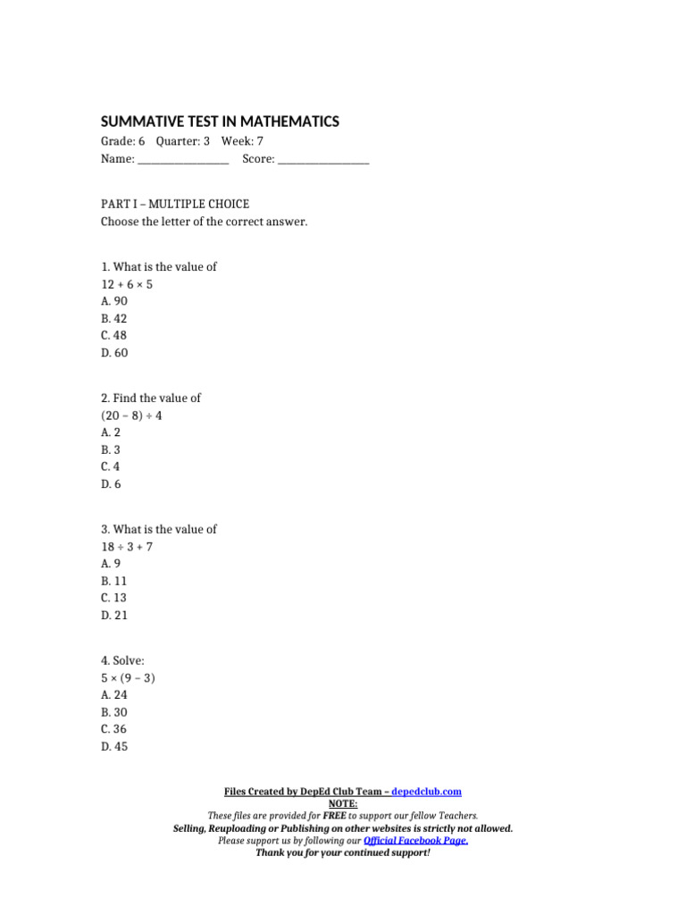 Grade 6 Math Summative Test | PDF | Mathematics