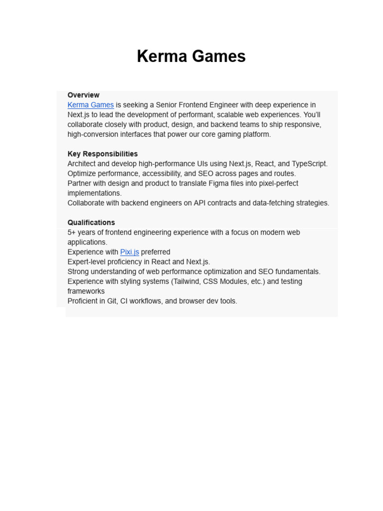 Senior Frontend Engineer at Kerma Games | PDF
