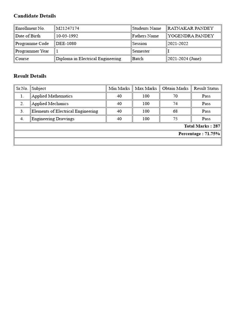 Diploma in Electrical Engineering Results | PDF
