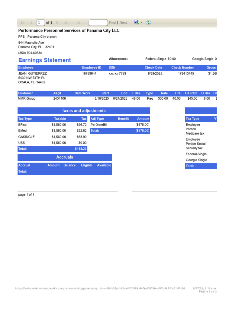 Earnings Statement for Jean Gutierrez | PDF | Government Finances | Taxes
