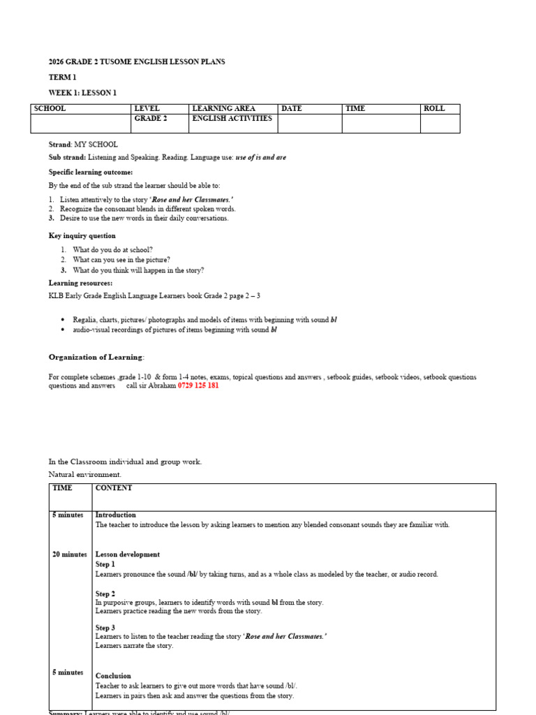 Grade 2 English Lesson Plans: Term 1 | PDF | Learning | Question