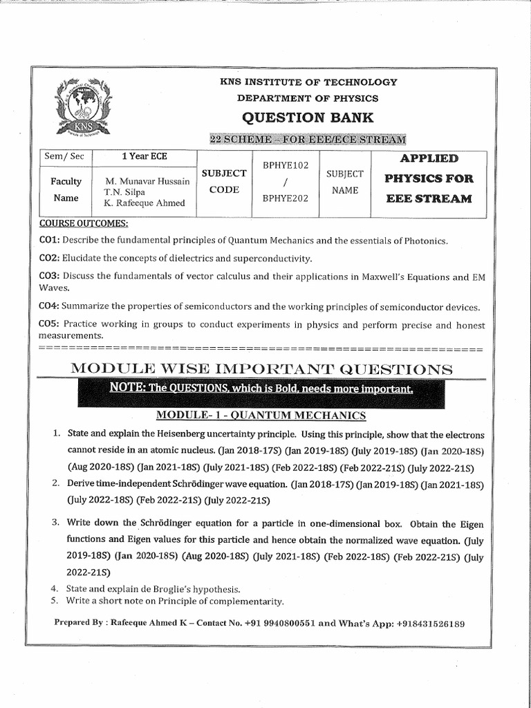 Eee Phy Question Bank Vtu | PDF