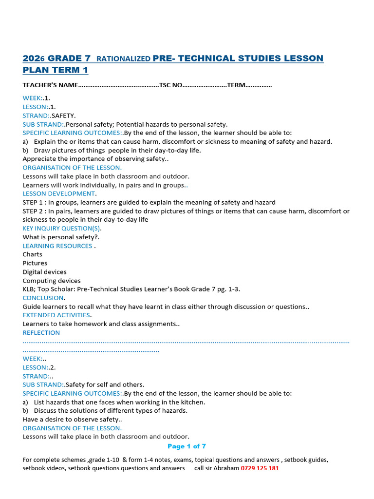 Grade 7 Safety Lesson Plans Term 1 | PDF | Learning | Lesson Plan