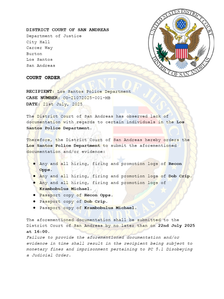 Court Order for Police Documentation Submission | PDF