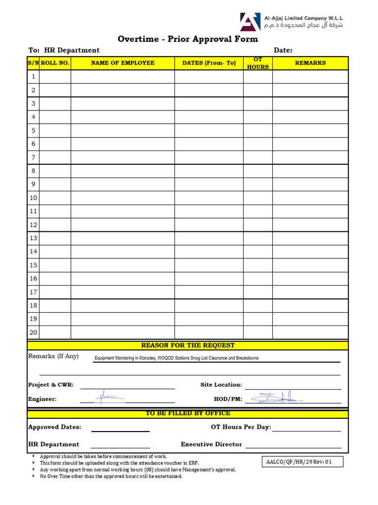Overtime Approval Request Form | PDF