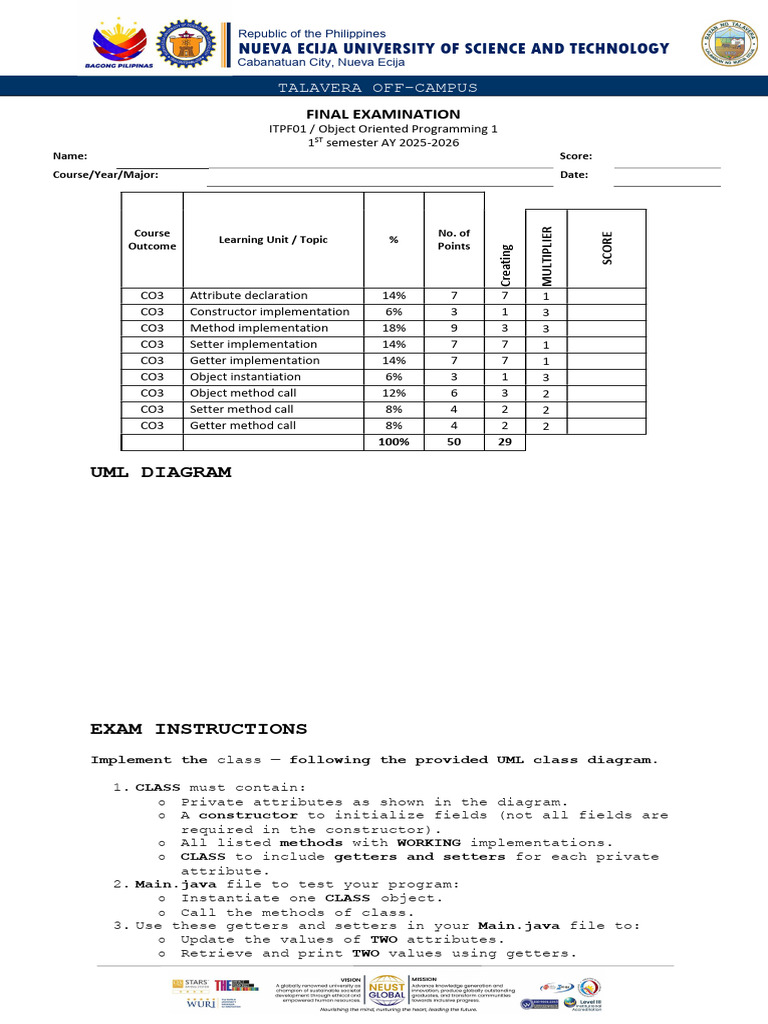 UML Class Implementation Exam Guide | PDF | Constructor (Object ...