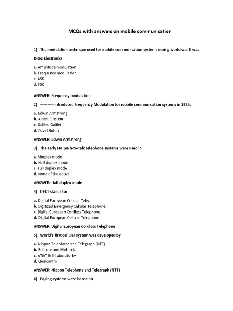 Mobile Communication MCQs and Answers | PDF | Duplex ...