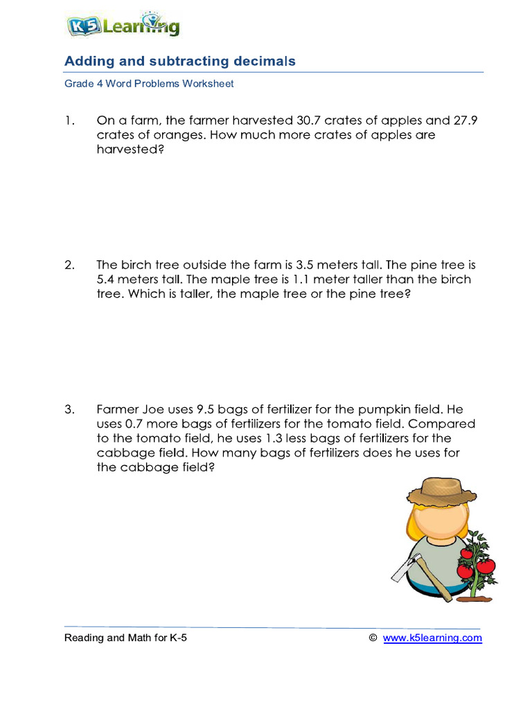 Adding and Subtracting Decimals Word Problems Worksheet2 | PDF