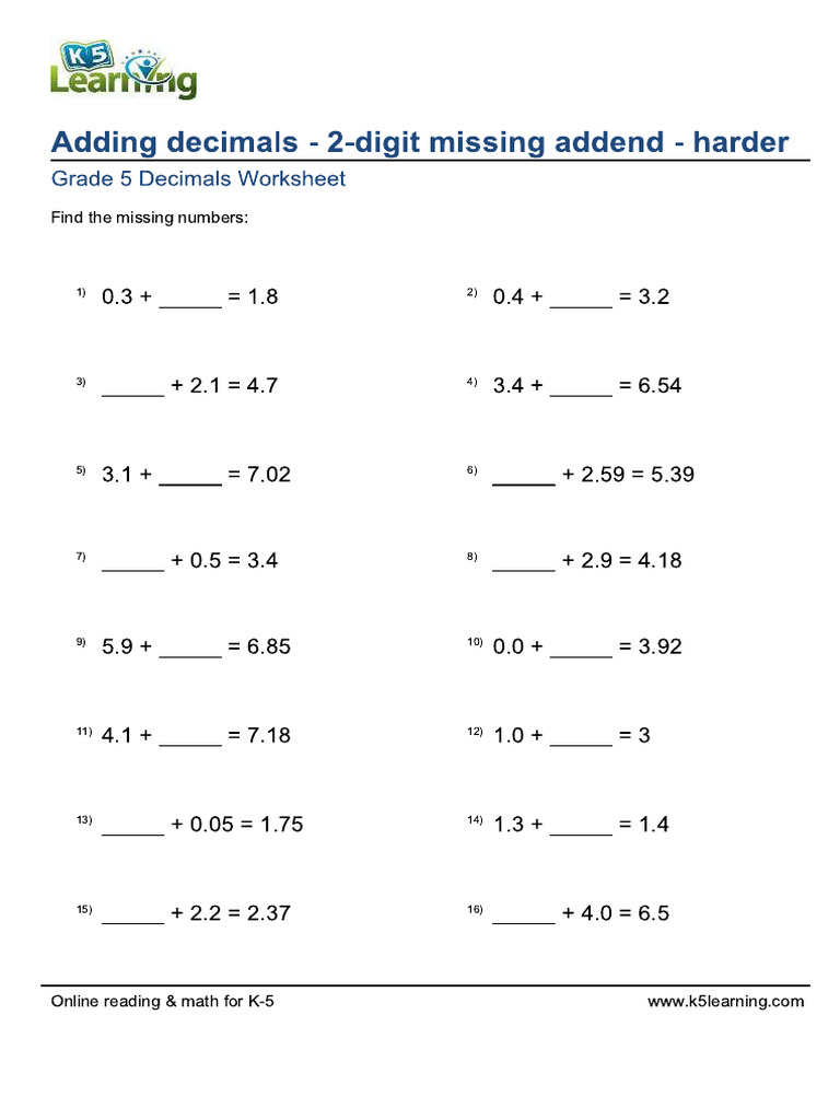 Grade 5 Decimals Worksheet - Adding Decimals - 2-Digit Missing Addend | PDF
